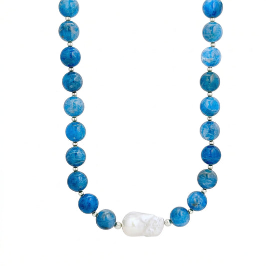 Natural apatite and 925 sterling silver beaded necklace with premium freshwater baroque pearl centrepiece, hand-finished in Australia
