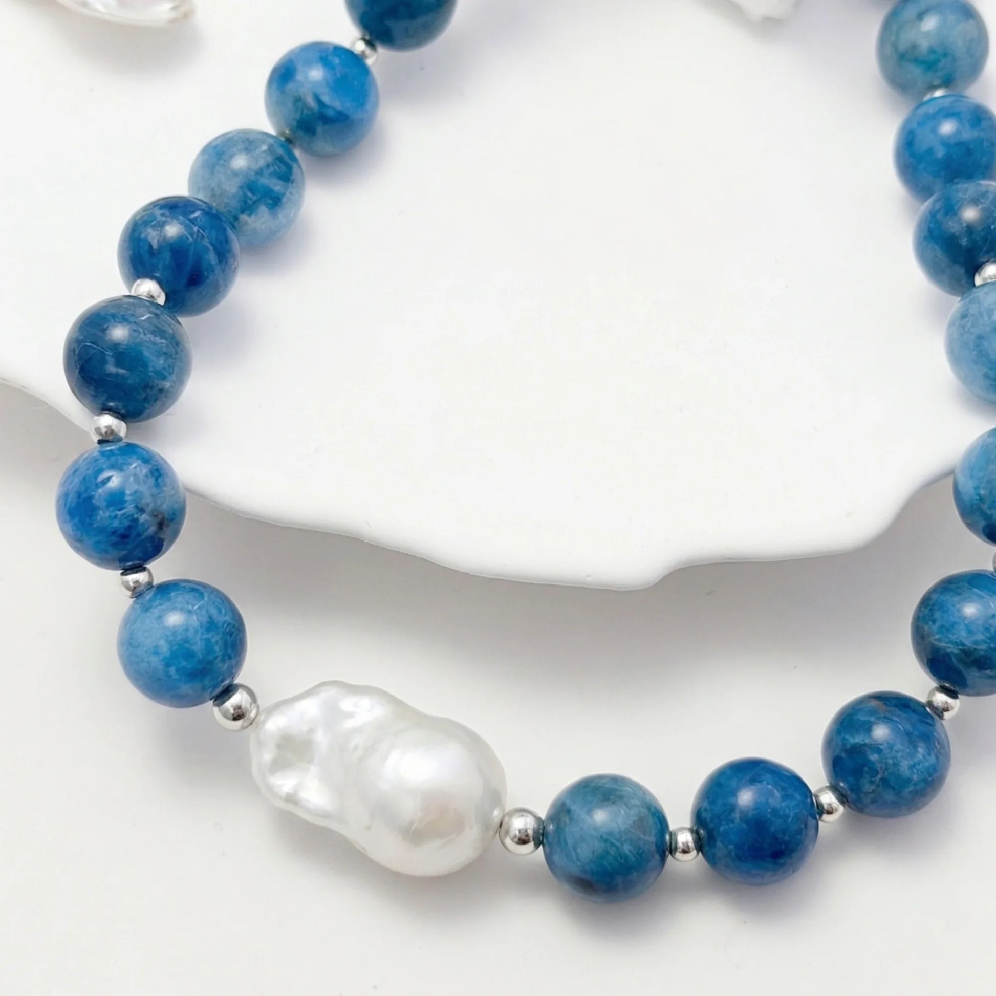 Natural apatite and 925 sterling silver beaded necklace with premium freshwater baroque pearl centrepiece, hand-finished in Australia
