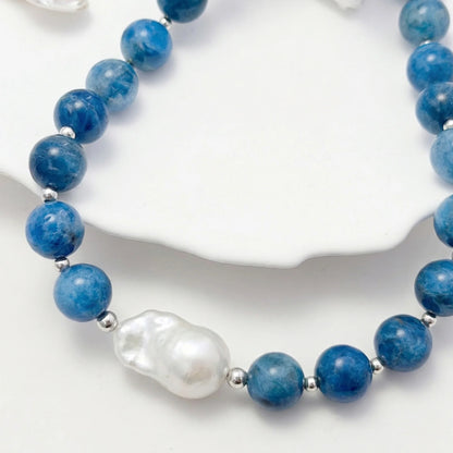 Natural apatite and 925 sterling silver beaded necklace with premium freshwater baroque pearl centrepiece, hand-finished in Australia