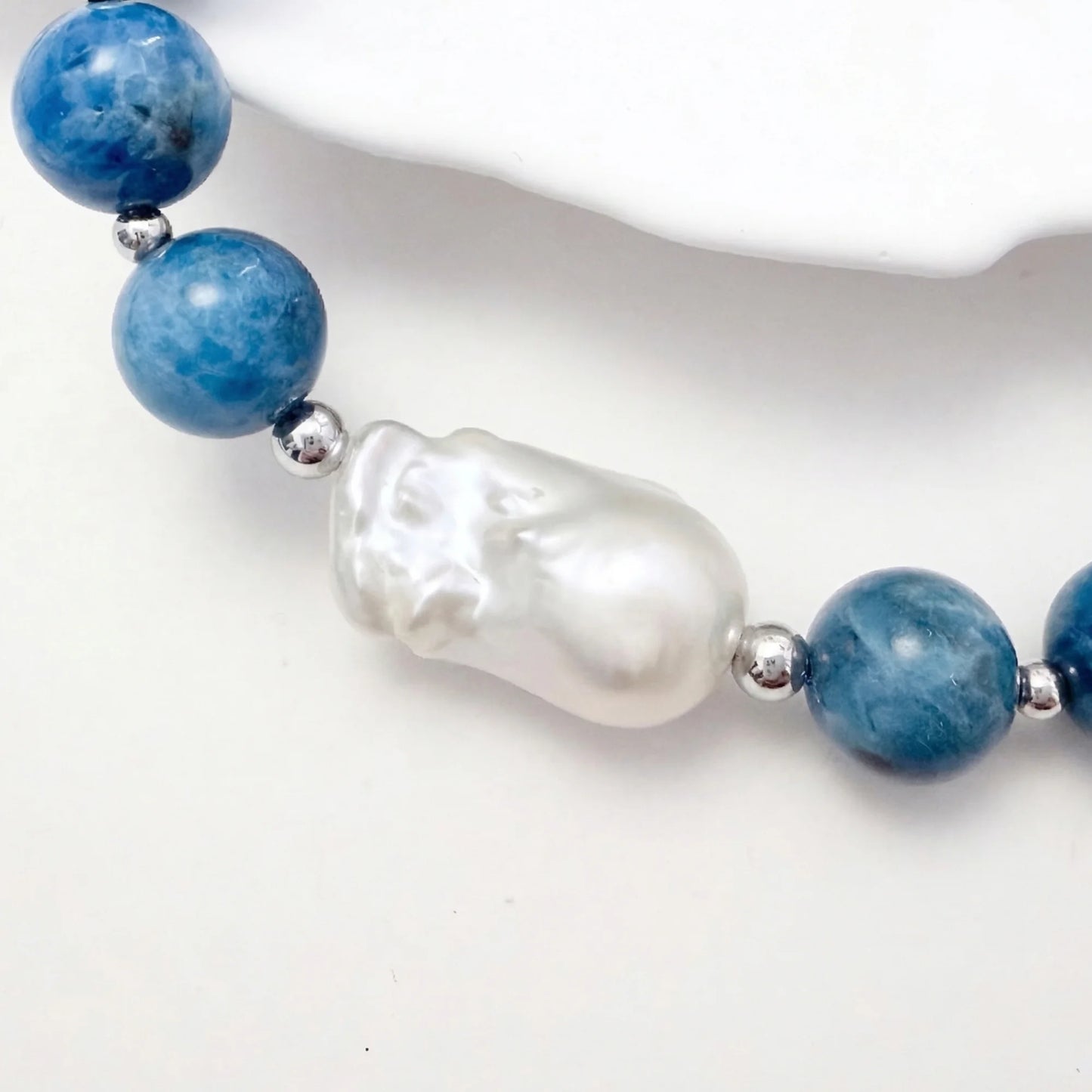 Natural apatite and 925 sterling silver beaded necklace with premium freshwater baroque pearl centrepiece, hand-finished in Australia