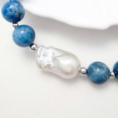 Natural apatite and 925 sterling silver beaded necklace with premium freshwater baroque pearl centrepiece, hand-finished in Australia