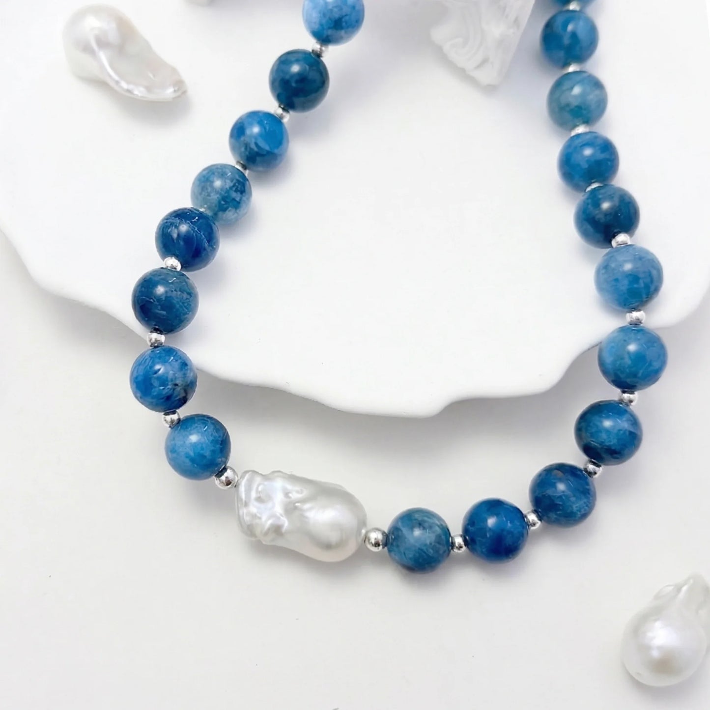 Natural apatite and 925 sterling silver beaded necklace with premium freshwater baroque pearl centrepiece, hand-finished in Australia