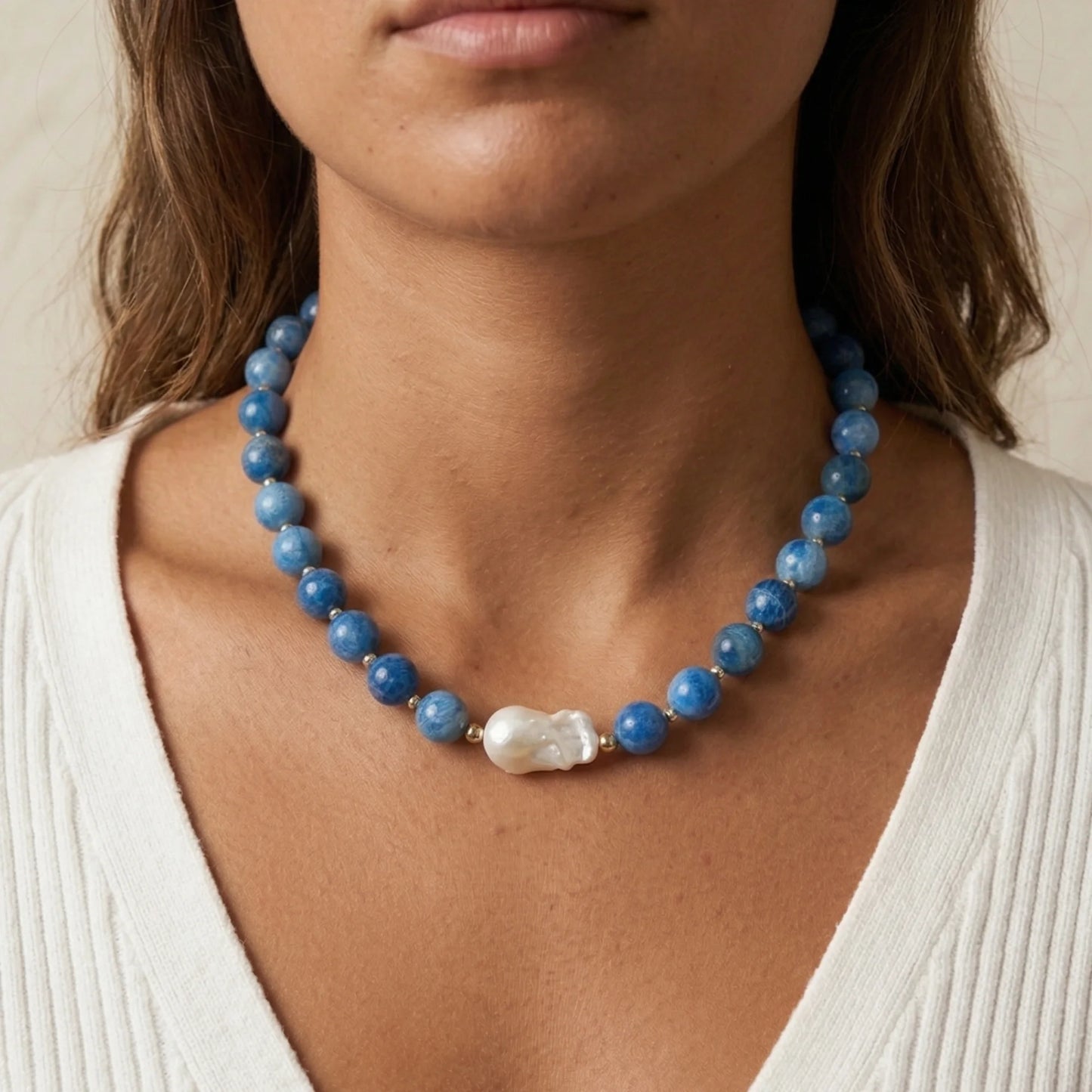 Natural apatite and 925 sterling silver beaded necklace with premium freshwater baroque pearl centrepiece, hand-finished in Australia