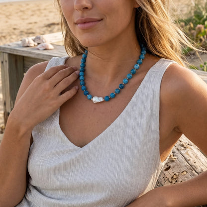 Natural apatite and 925 sterling silver beaded necklace with premium freshwater baroque pearl centrepiece, hand-finished in Australia