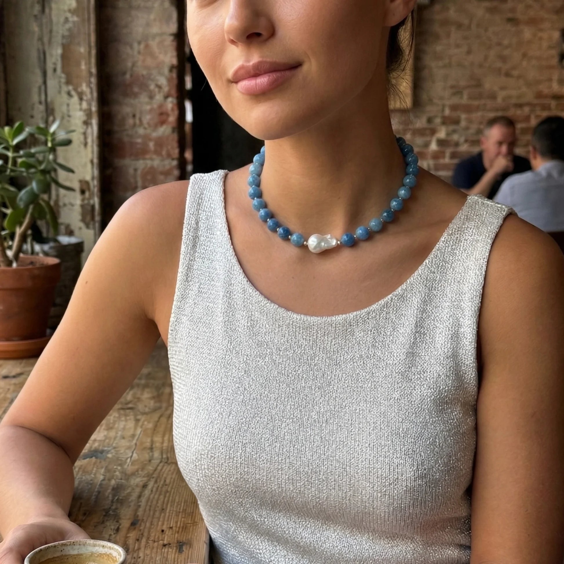 Natural apatite and 925 sterling silver beaded necklace with premium freshwater baroque pearl centrepiece, hand-finished in Australia