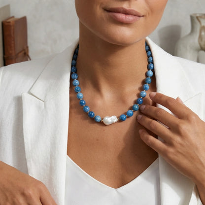 Natural apatite and 925 sterling silver beaded necklace with premium freshwater baroque pearl centrepiece, hand-finished in Australia