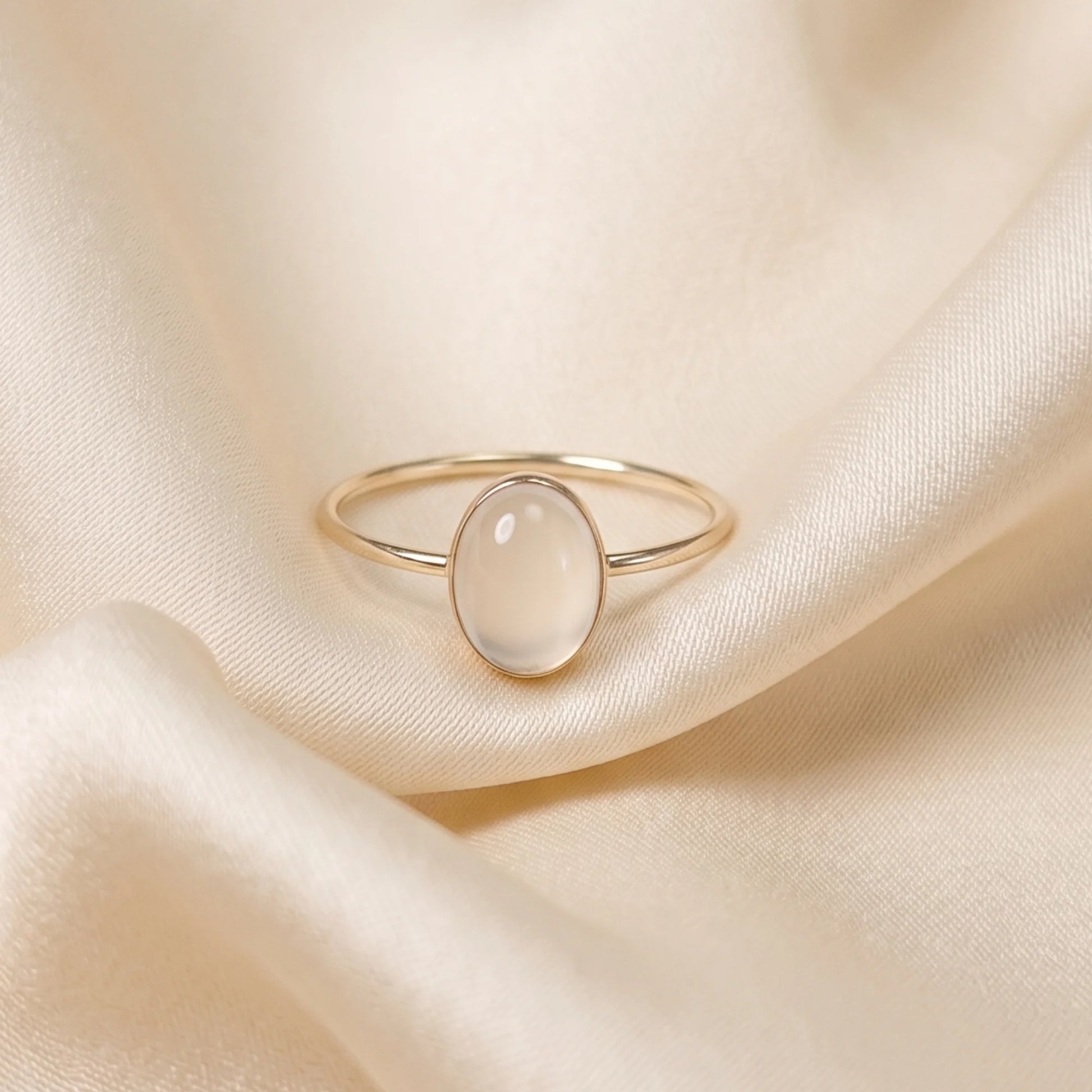 MXW natural oval white moonstone April birthstone stacking ring in 14K gold-filled metal