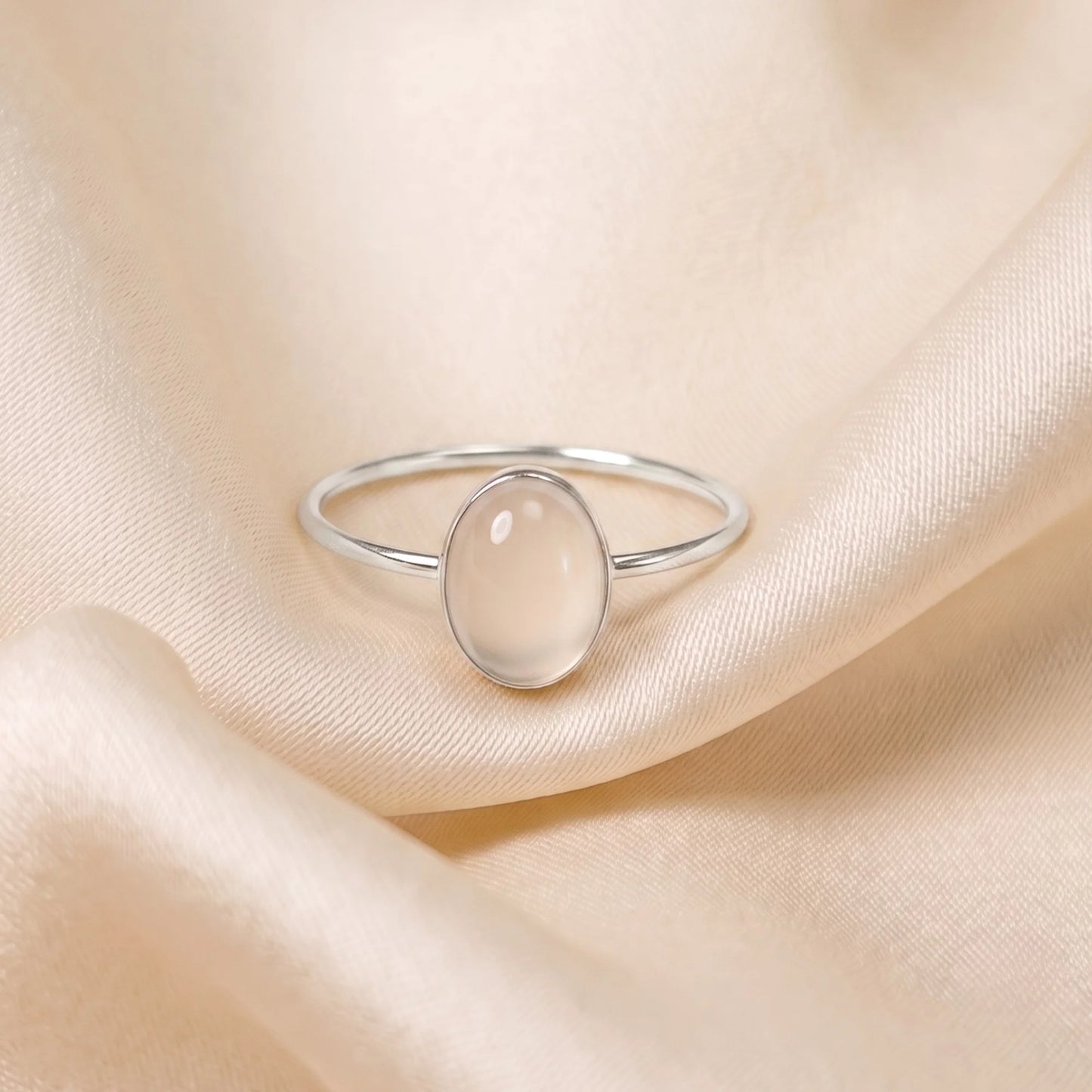 MXW natural oval white moonstone April birthstone stacking ring in 925 sterling silver metal