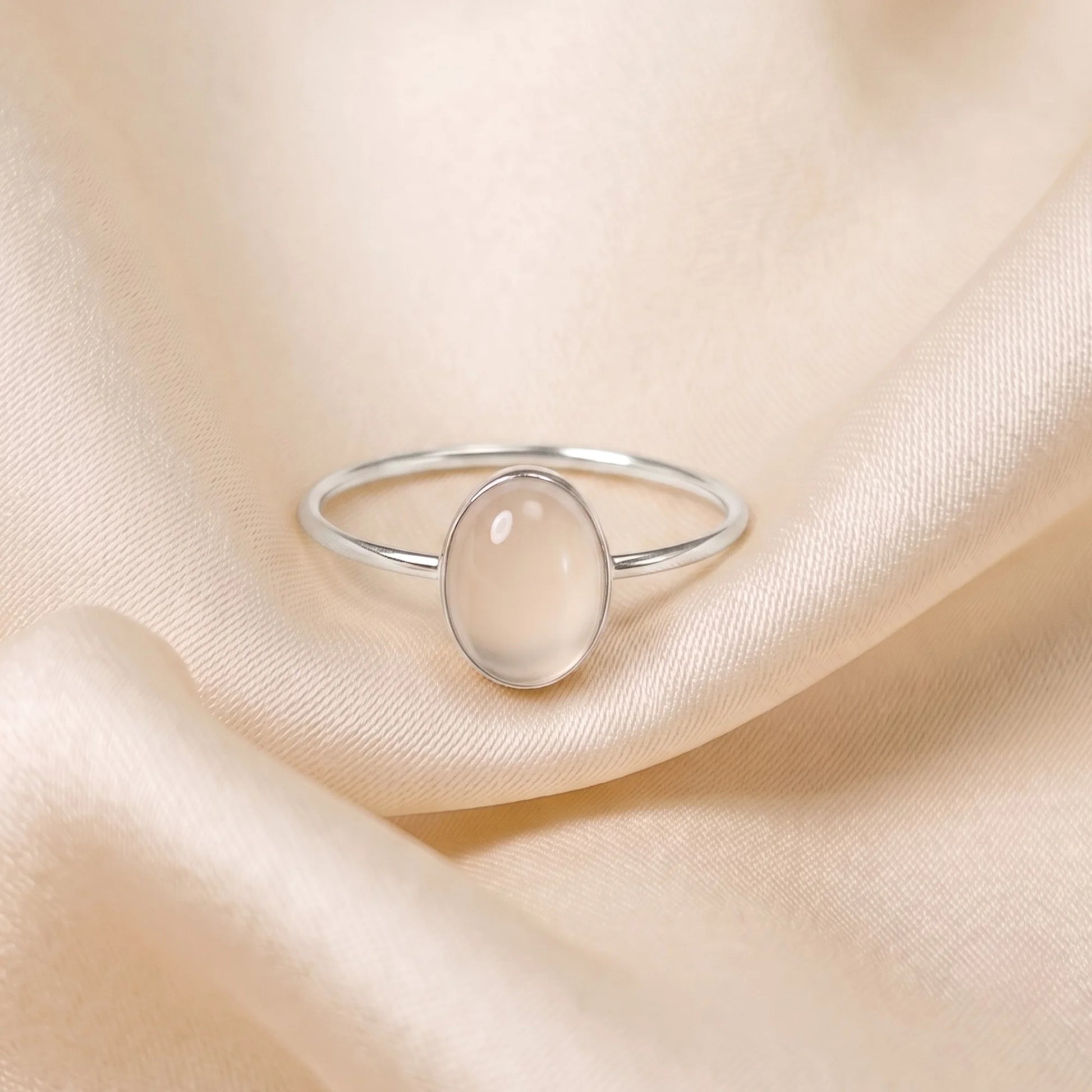MXW natural oval white moonstone April birthstone stacking ring in 925 sterling silver metal