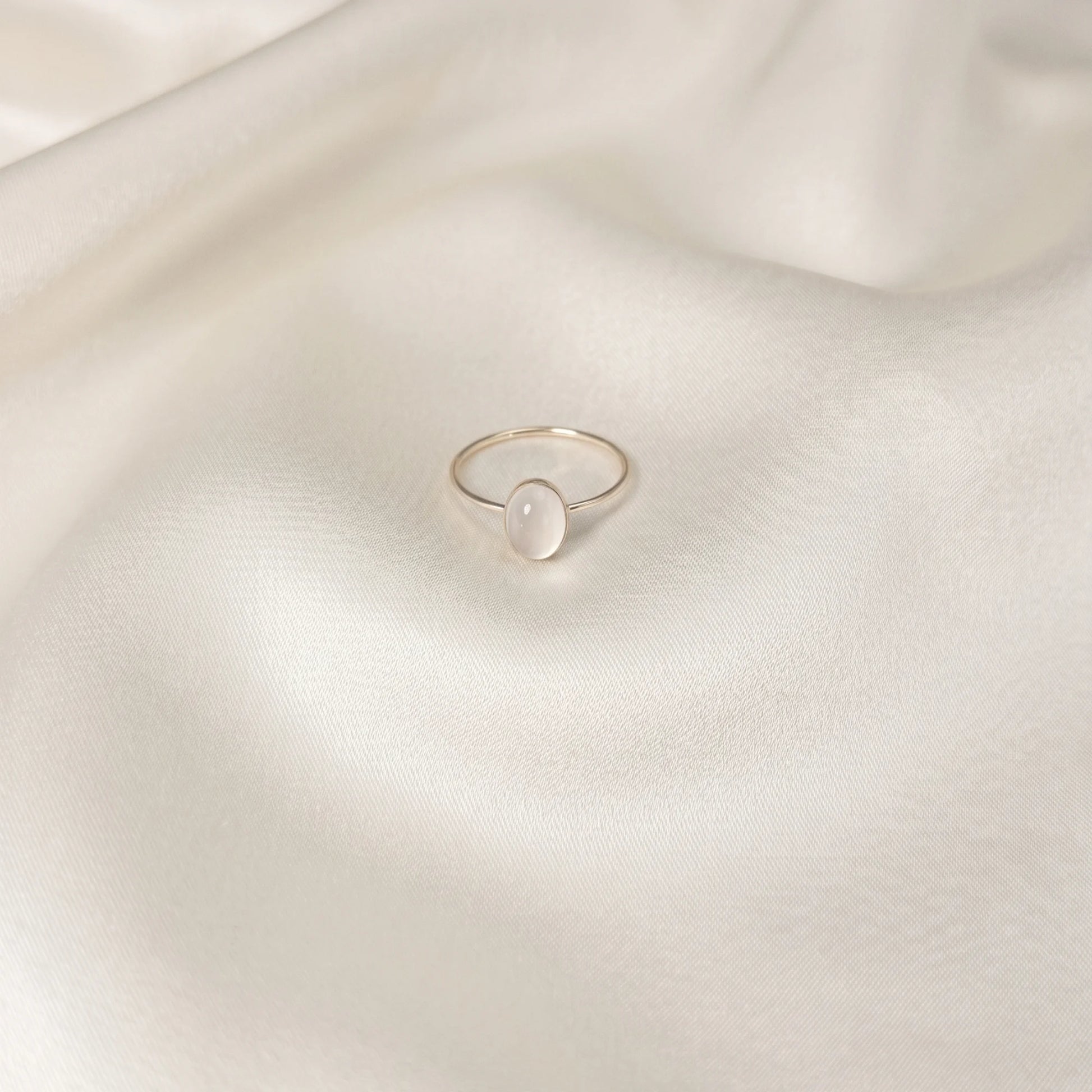 MXW natural oval white moonstone April birthstone stacking ring in 14K gold-filled metal