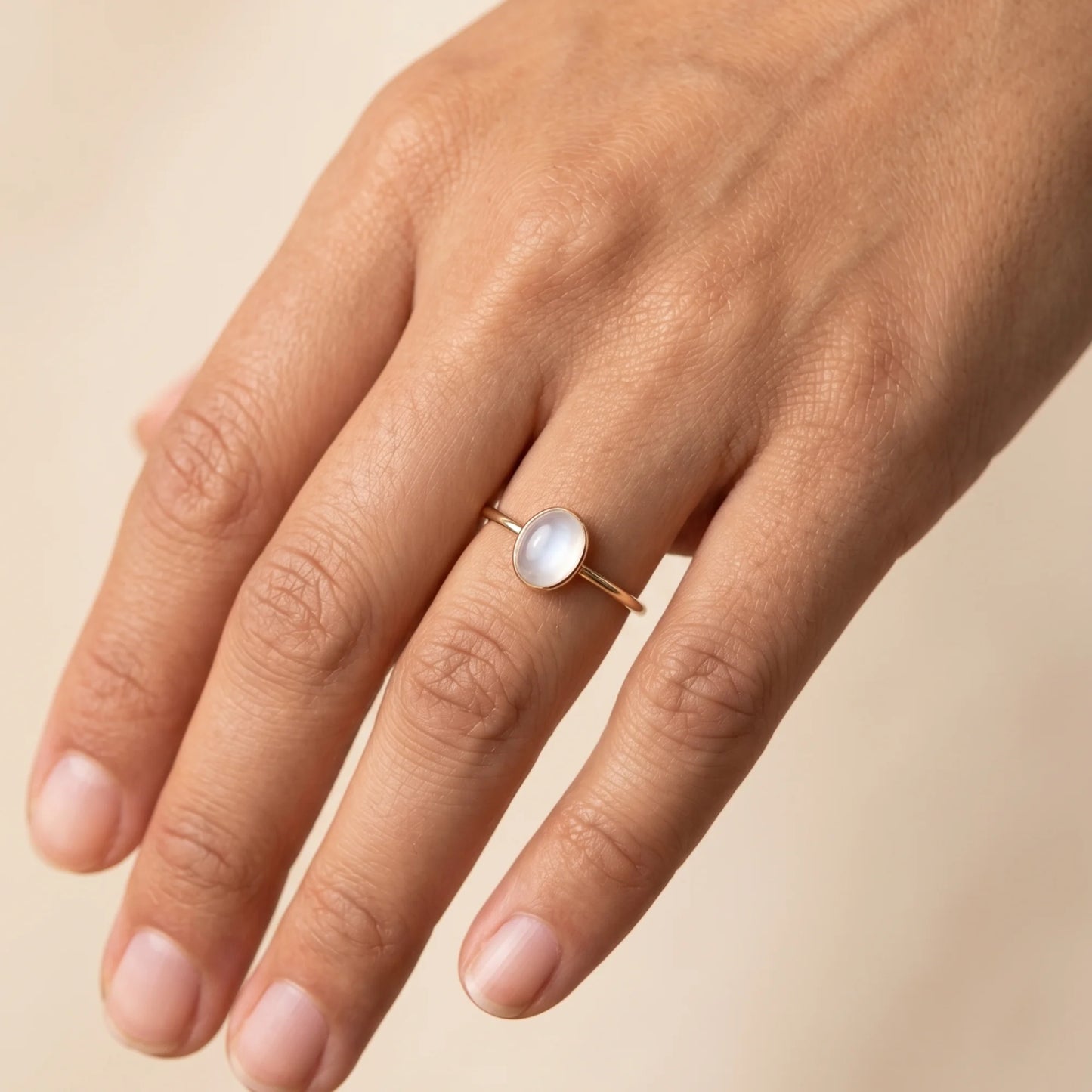 MXW natural oval white moonstone April birthstone stacking ring in 14K gold-filled metal