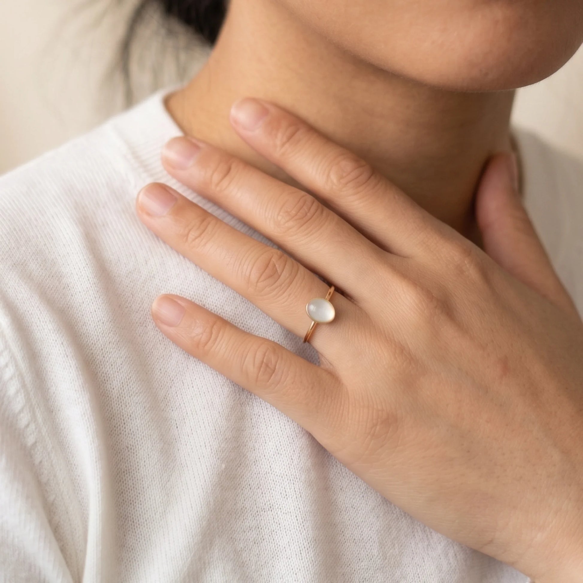 MXW natural oval white moonstone April birthstone stacking ring in 14K gold-filled metal