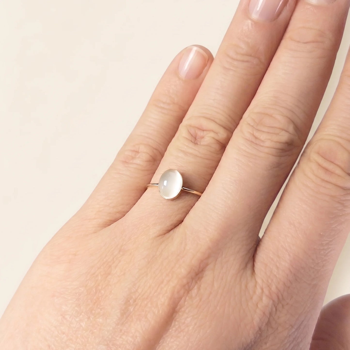 MXW natural oval white moonstone April birthstone stacking ring in 14K gold-filled metal