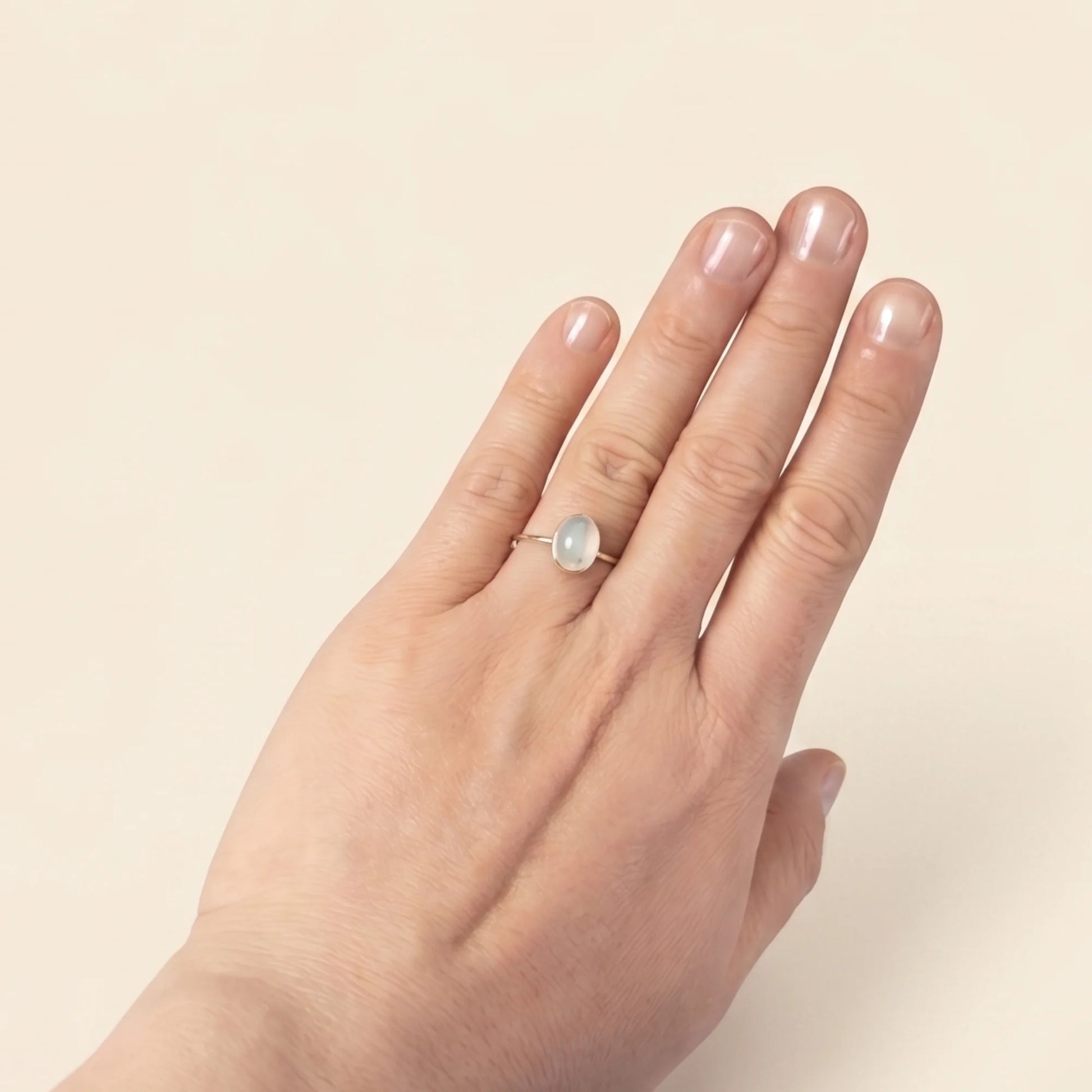 MXW natural oval white moonstone April birthstone stacking ring in 14K gold-filled metal