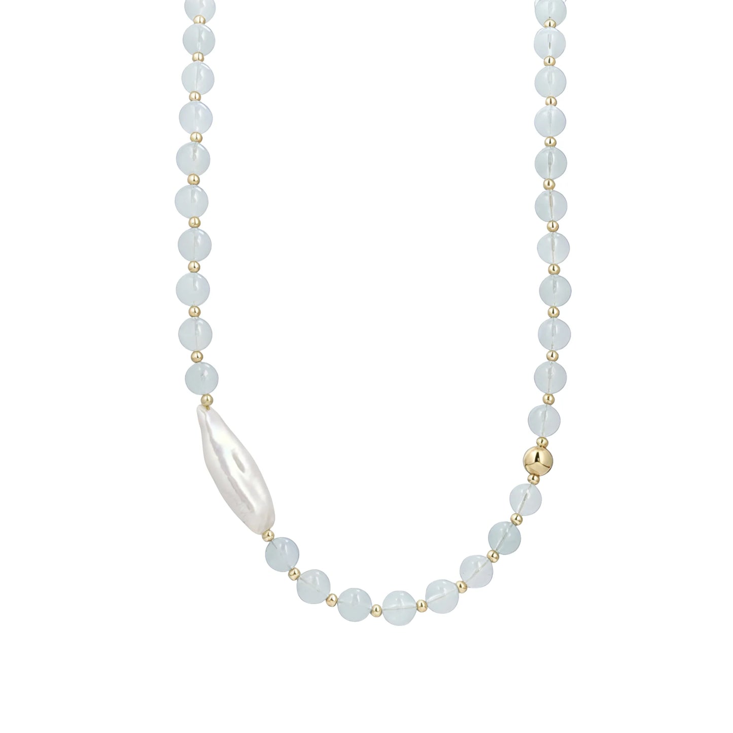 Aquamarine necklace with 14K gold-filled beads and a baroque freshwater pearl