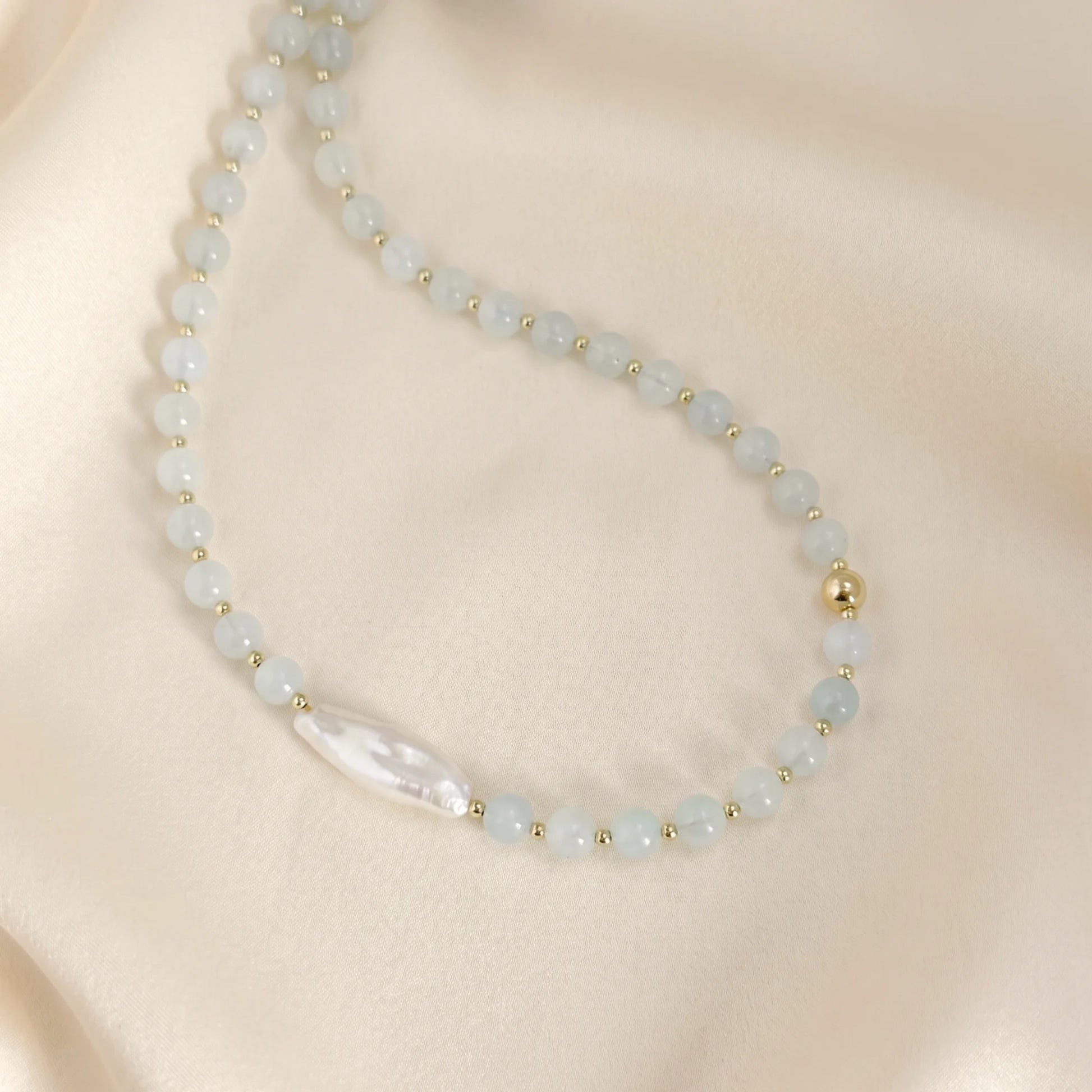 Aquamarine necklace with 14K gold-filled beads and a baroque freshwater pearl
