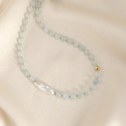 Aquamarine necklace with 14K gold-filled beads and a baroque freshwater pearl
