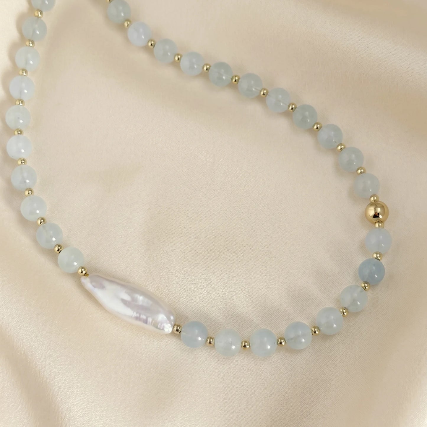 Aquamarine necklace with 14K gold-filled beads and a baroque freshwater pearl