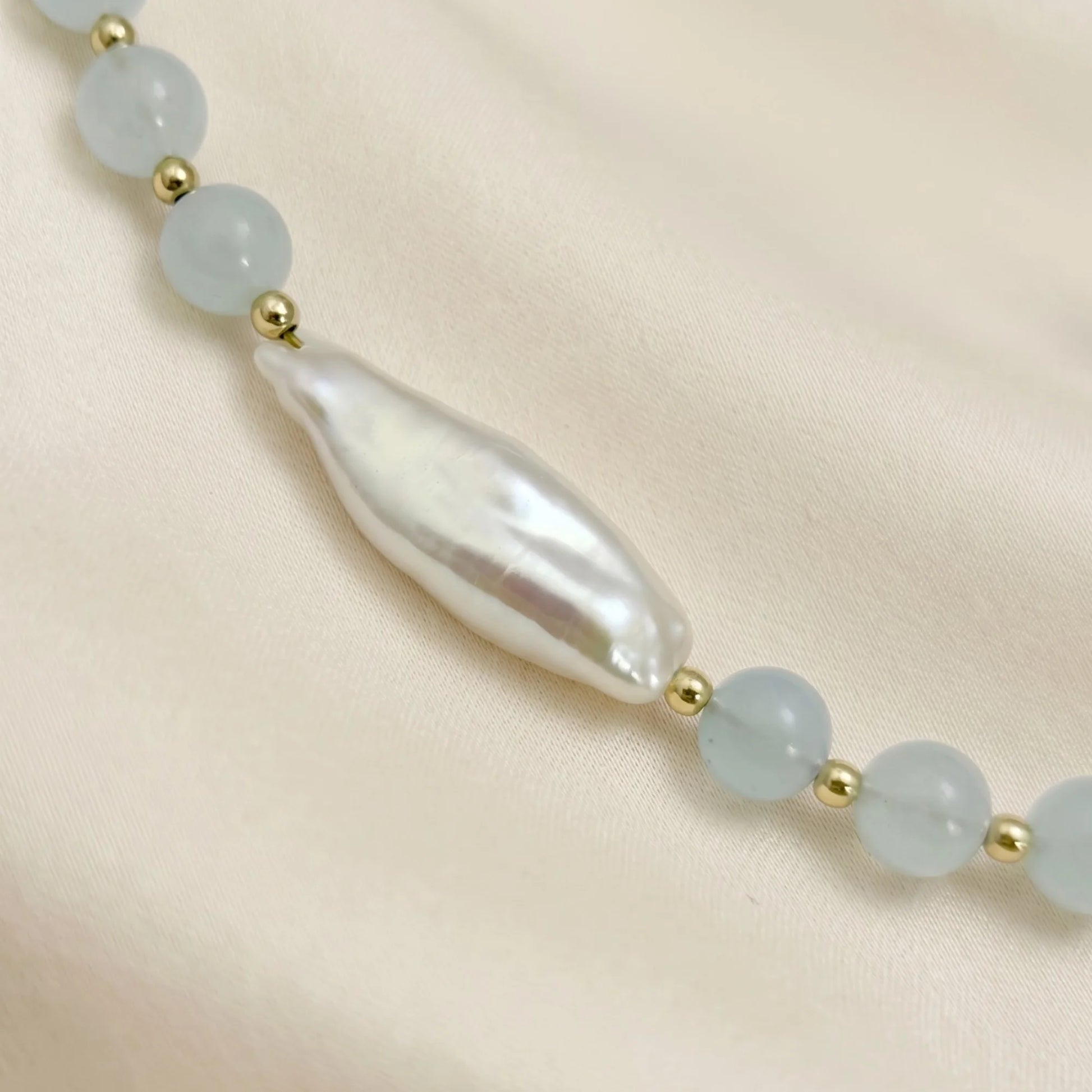 Aquamarine necklace with 14K gold-filled beads and a baroque freshwater pearl