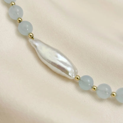 Aquamarine necklace with 14K gold-filled beads and a baroque freshwater pearl