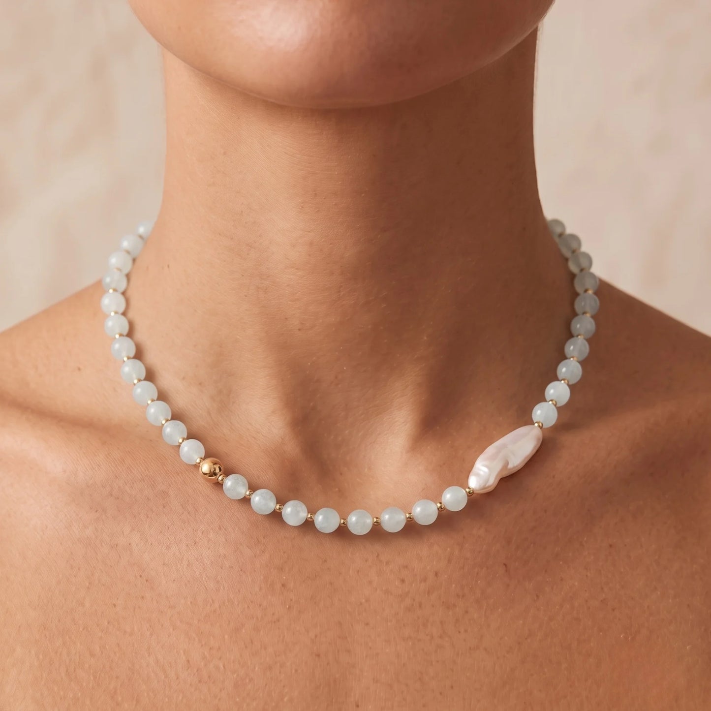 Aquamarine necklace with 14K gold-filled beads and a baroque freshwater pearl