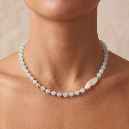 Aquamarine necklace with 14K gold-filled beads and a baroque freshwater pearl