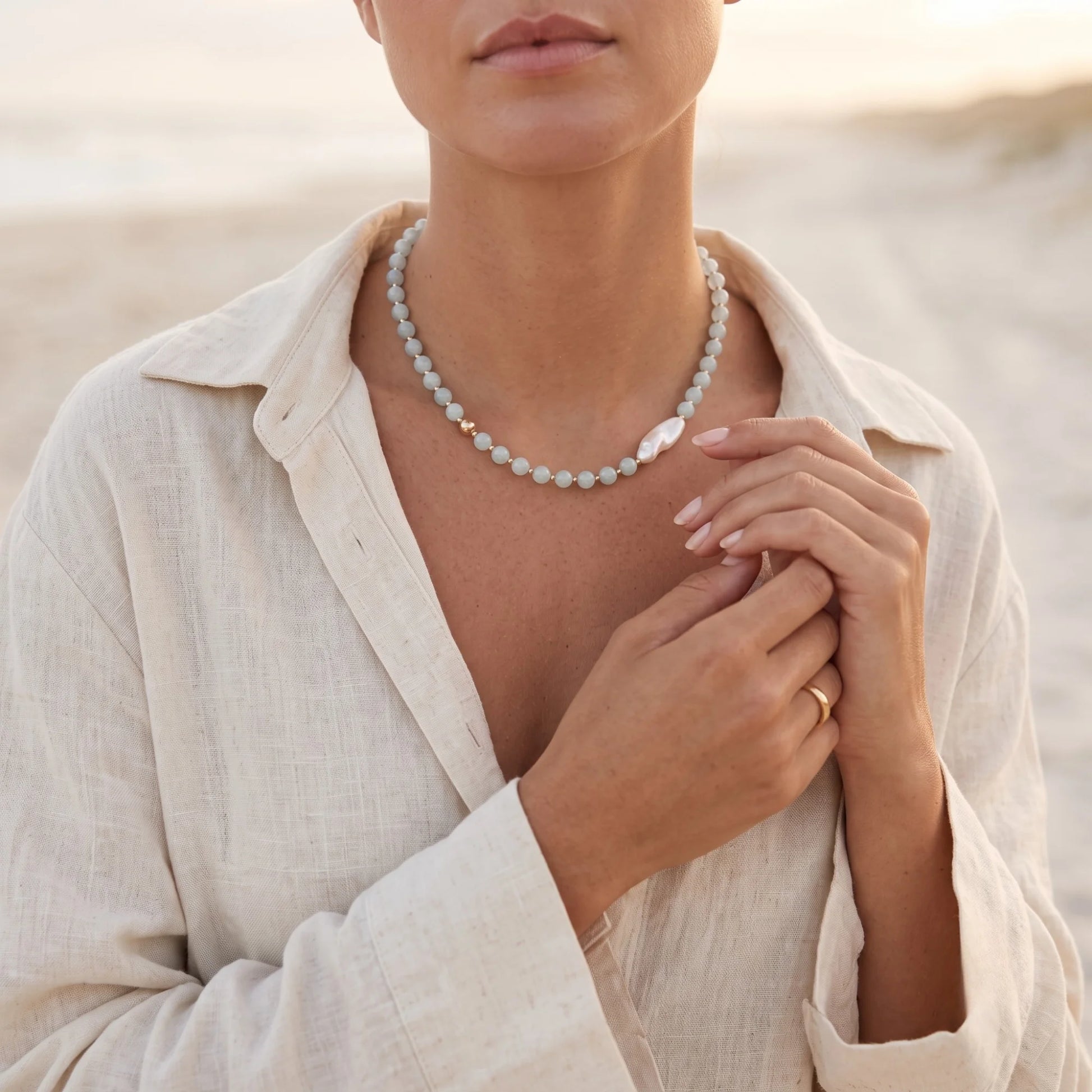 Aquamarine necklace with 14K gold-filled beads and a baroque freshwater pearl
