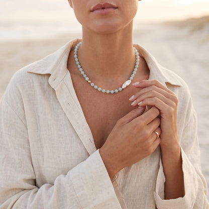 Aquamarine necklace with 14K gold-filled beads and a baroque freshwater pearl