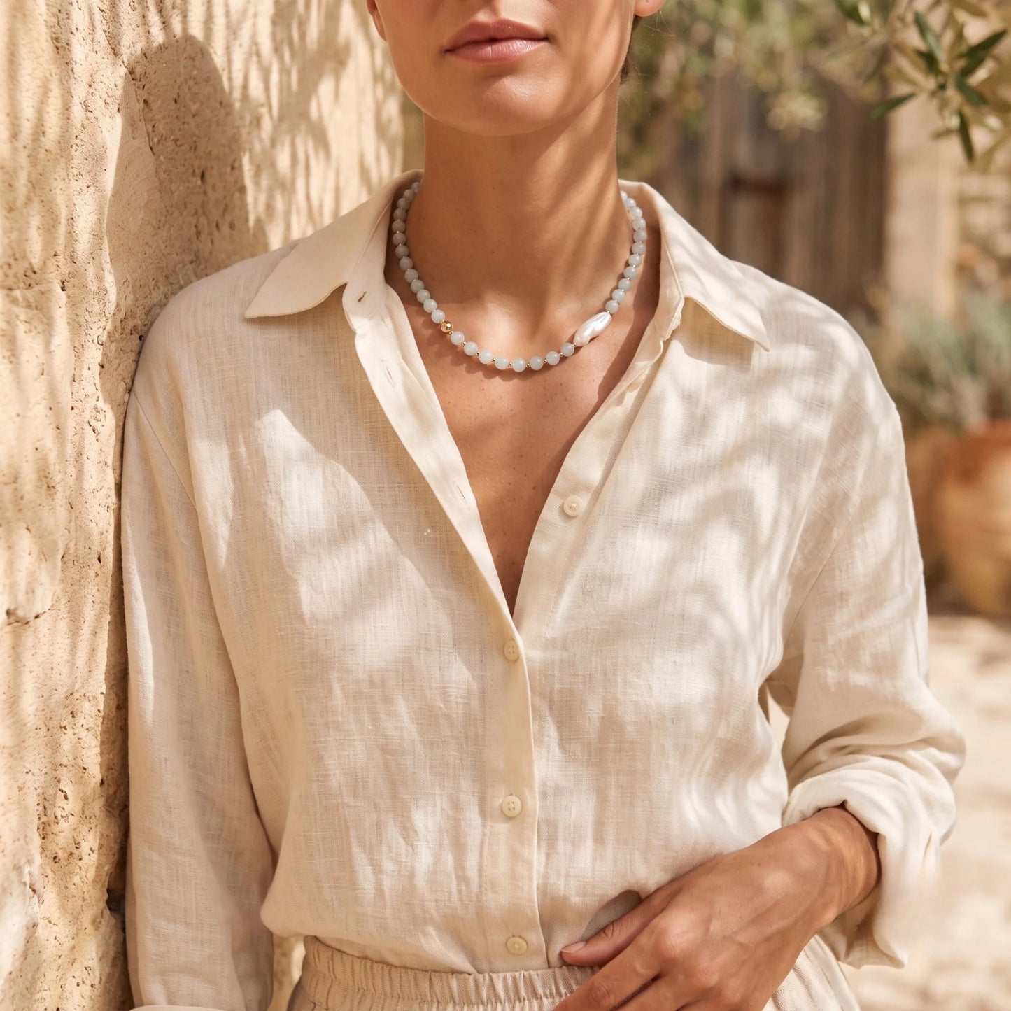 Aquamarine necklace with 14K gold-filled beads and a baroque freshwater pearl