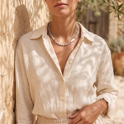 Aquamarine necklace with 14K gold-filled beads and a baroque freshwater pearl