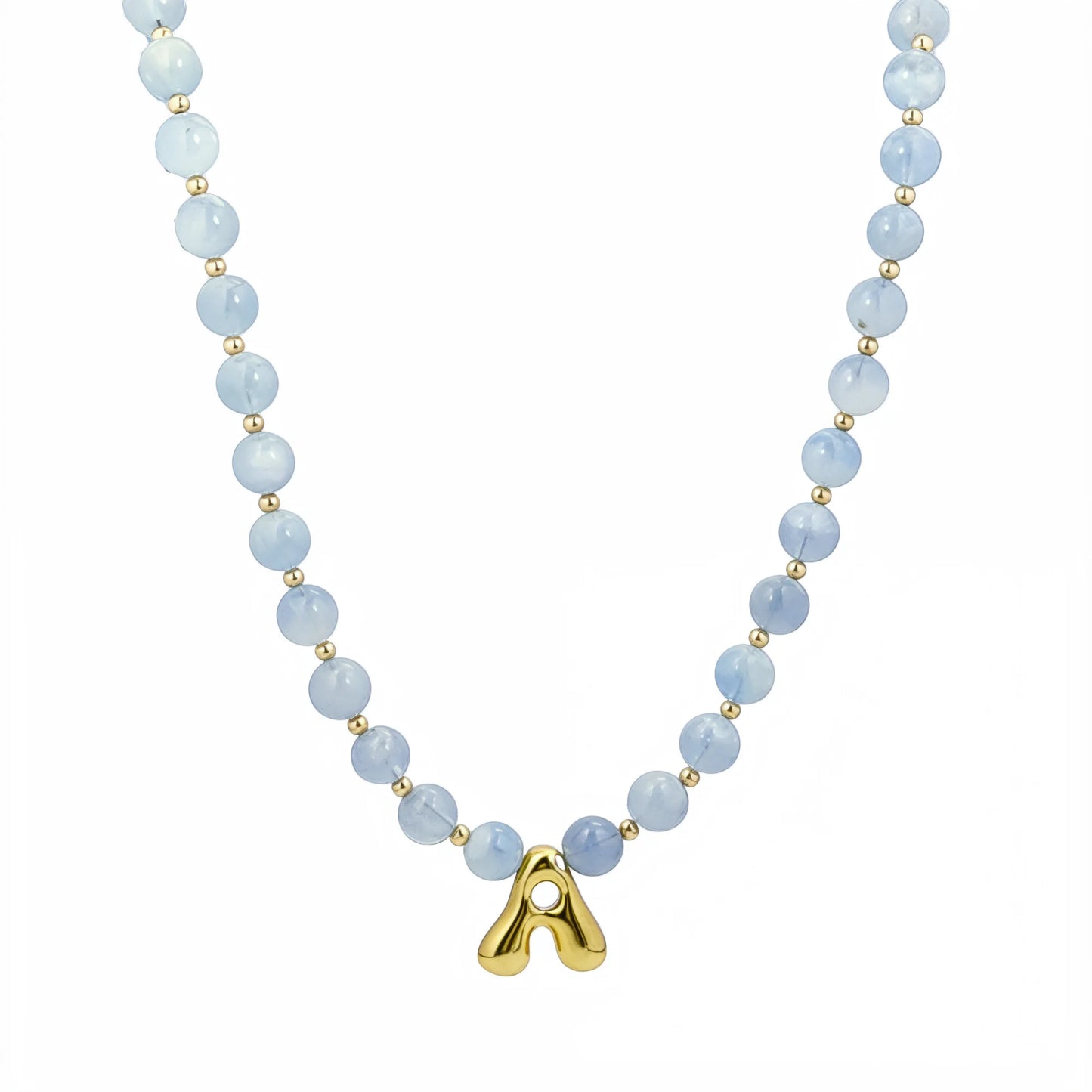 Natural aquamarine and 14K gold filled beaded necklace with personalised gold bubble initial charm, hand-finished in Australia