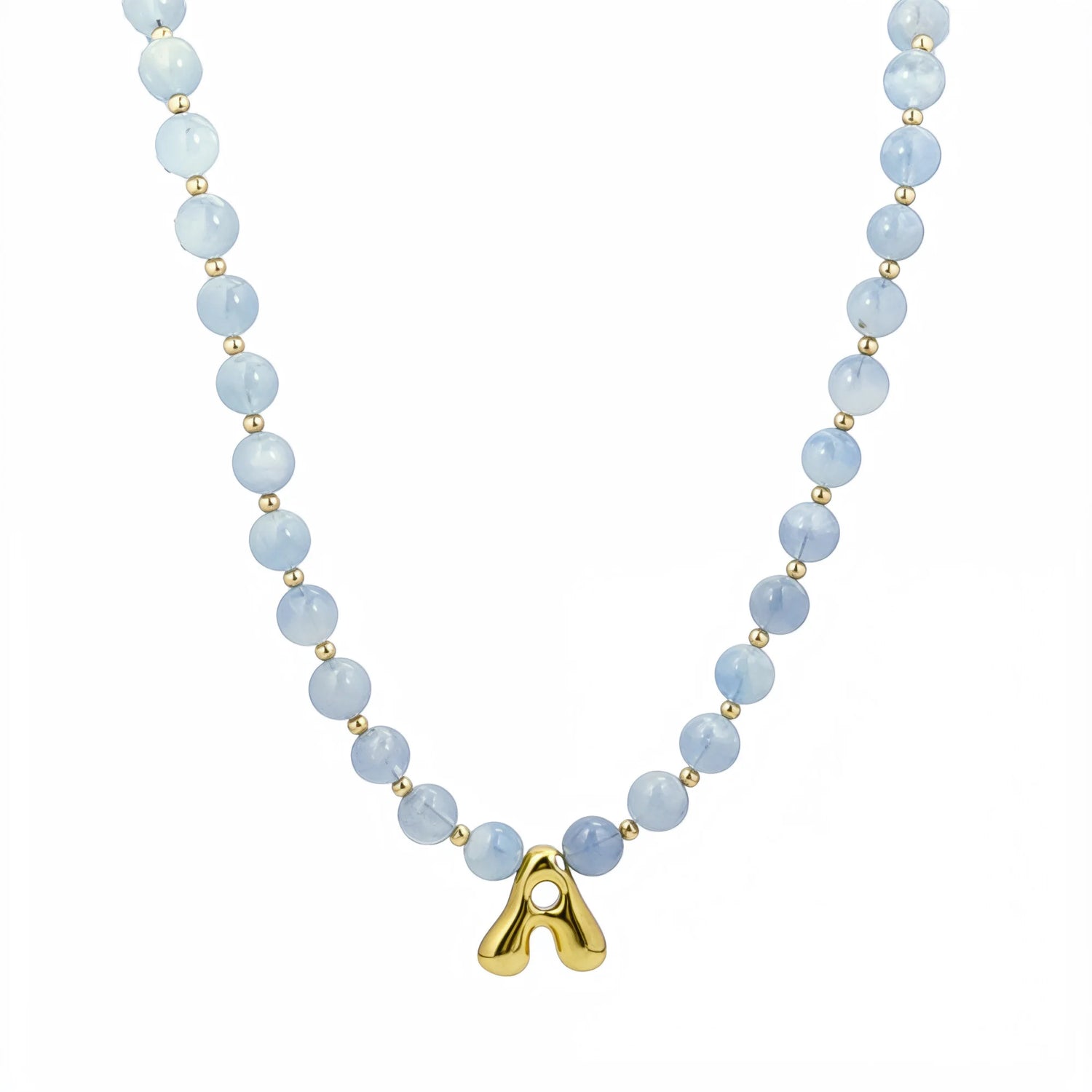 Natural aquamarine and 14K gold filled beaded necklace with personalised gold bubble initial charm, hand-finished in Australia