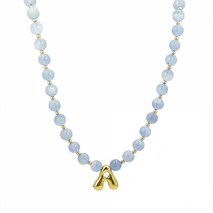 Natural aquamarine and 14K gold filled beaded necklace with personalised gold bubble initial charm, hand-finished in Australia