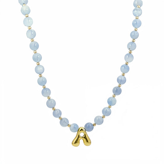 Natural aquamarine and 14K gold filled beaded necklace with personalised gold bubble initial charm, hand-finished in Australia