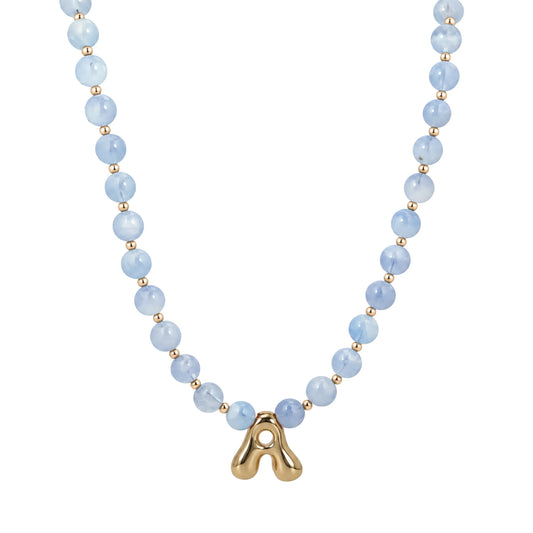 Natural aquamarine and 14K gold filled beaded necklace with personalised gold bubble initial charm, hand-finished in Australia