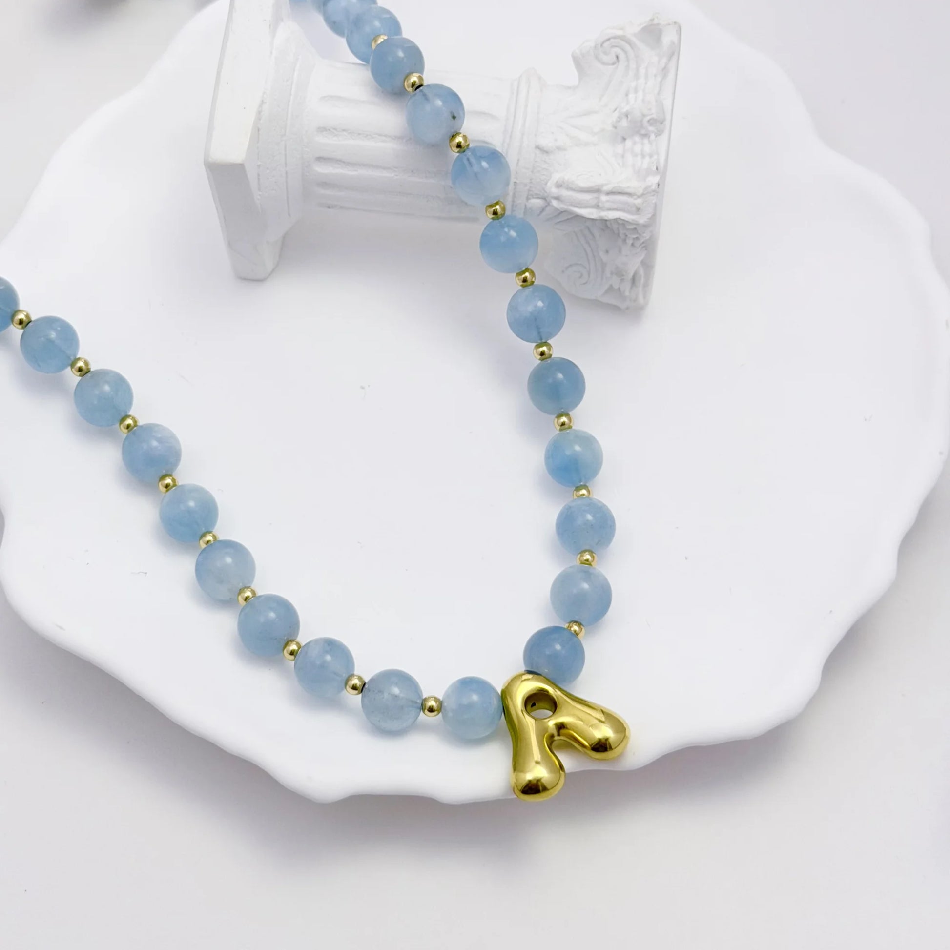 Natural aquamarine and 14K gold filled beaded necklace with personalised gold bubble initial charm, hand-finished in Australia