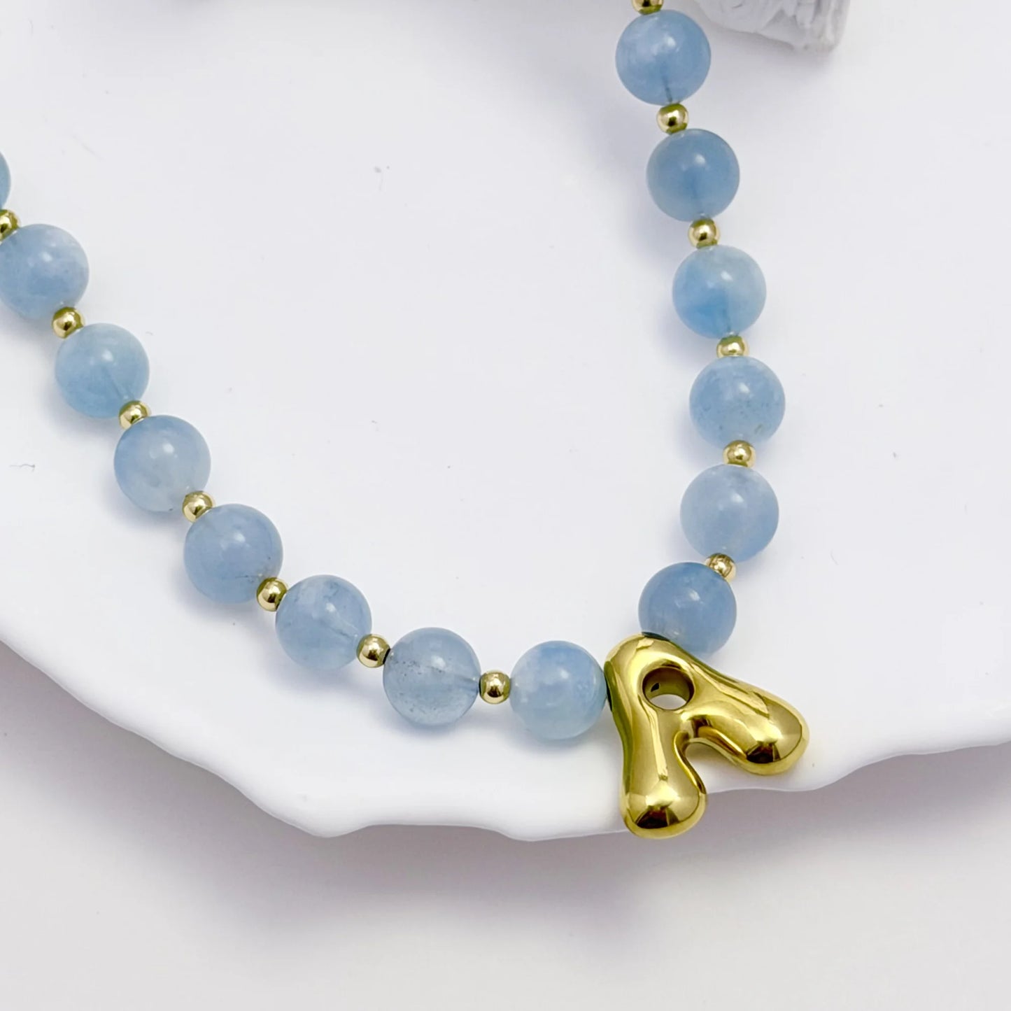 Natural aquamarine and 14K gold filled beaded necklace with personalised gold bubble initial charm, hand-finished in Australia