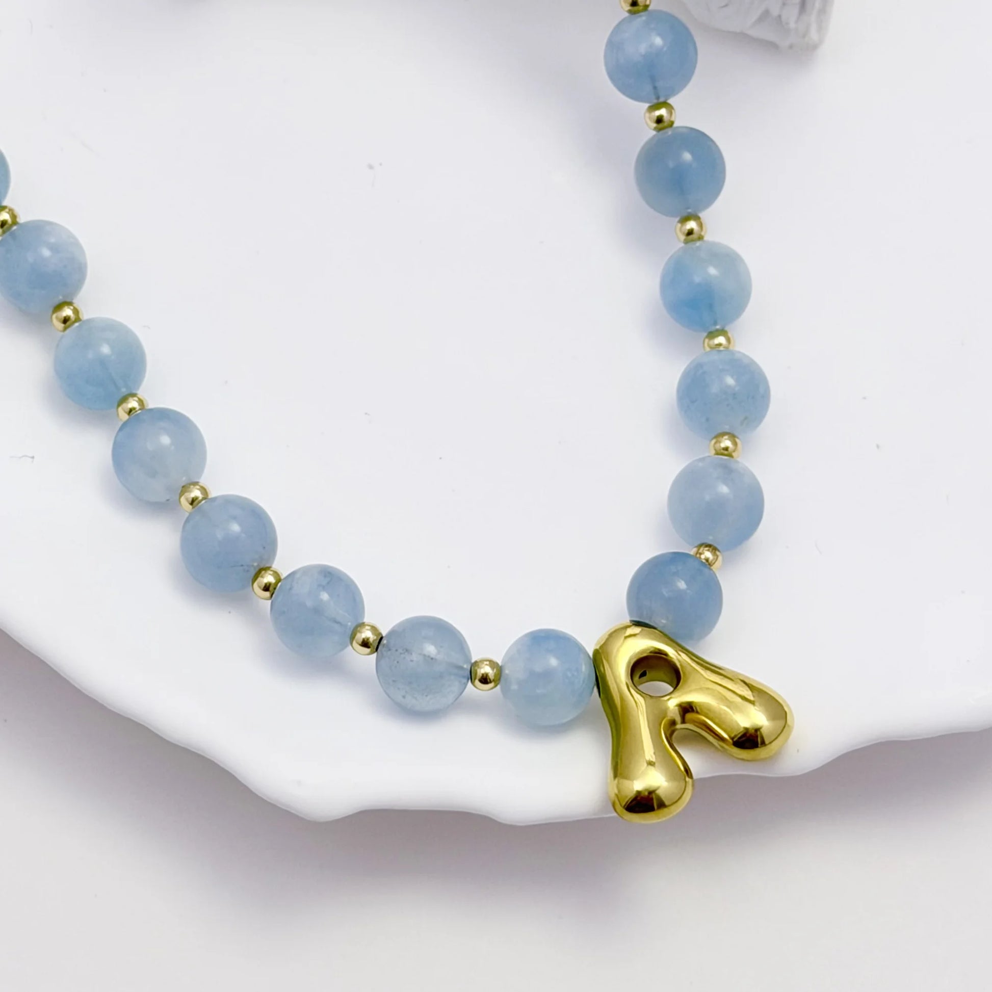 Natural aquamarine and 14K gold filled beaded necklace with personalised gold bubble initial charm, hand-finished in Australia