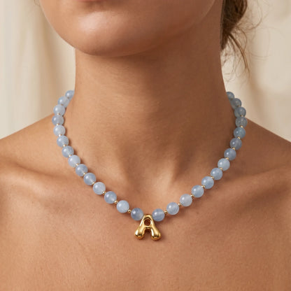 Natural aquamarine and 14K gold filled beaded necklace with personalised gold bubble initial charm, hand-finished in Australia