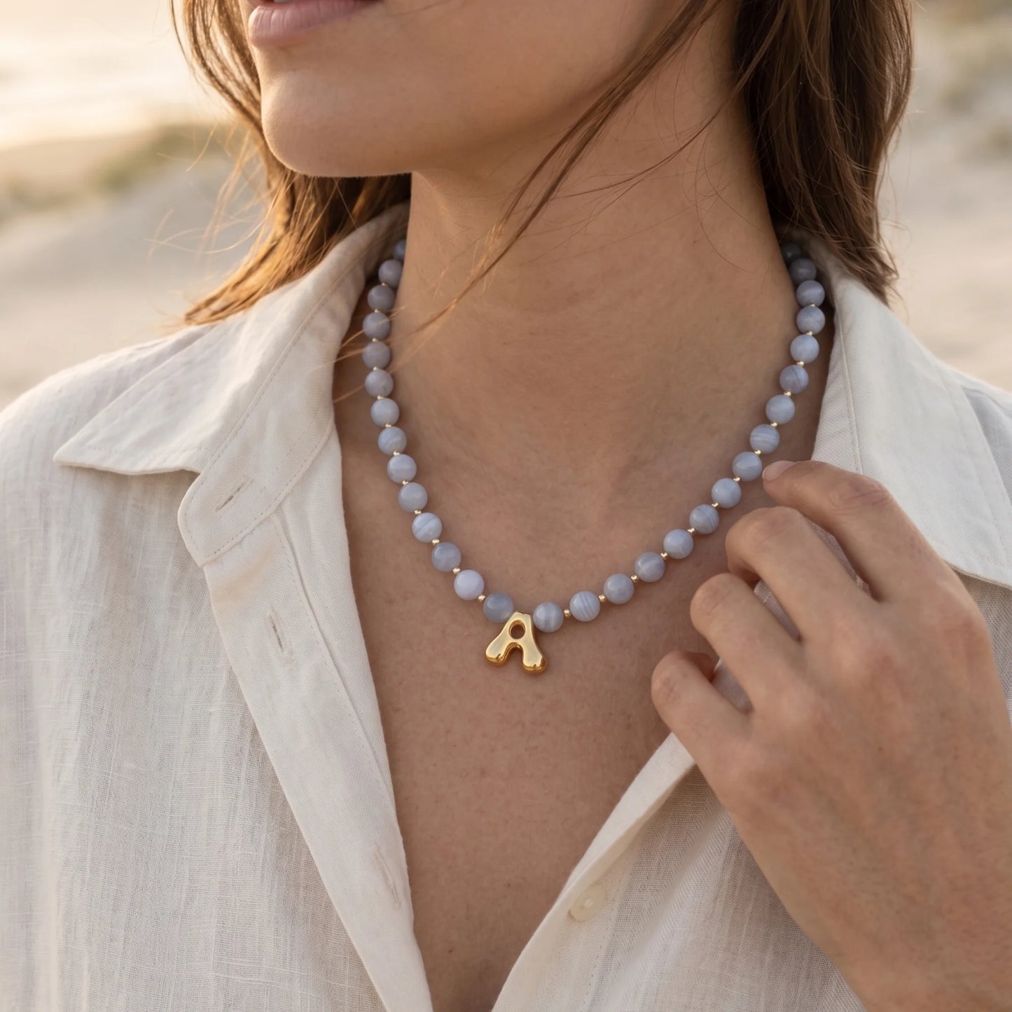 Natural aquamarine and 14K gold filled beaded necklace with personalised gold bubble initial charm, hand-finished in Australia