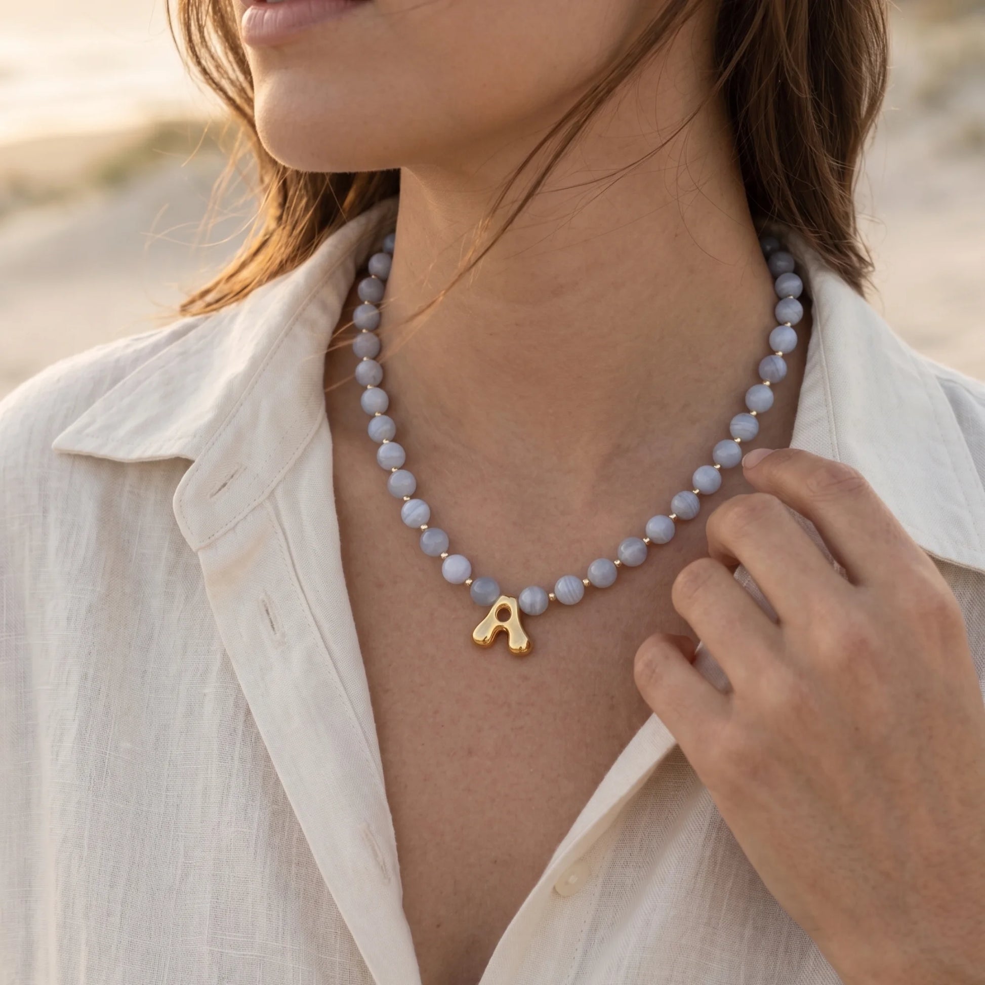 Natural aquamarine and 14K gold filled beaded necklace with personalised gold bubble initial charm, hand-finished in Australia