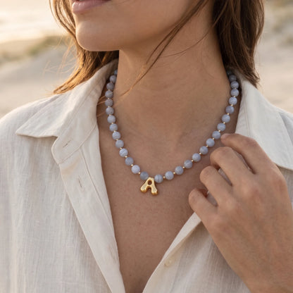 Natural aquamarine and 14K gold filled beaded necklace with personalised gold bubble initial charm, hand-finished in Australia