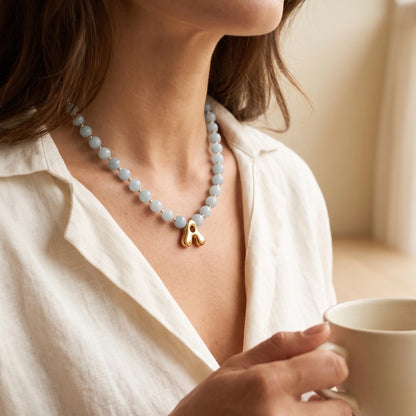 Natural aquamarine and 14K gold filled beaded necklace with personalised gold bubble initial charm, hand-finished in Australia