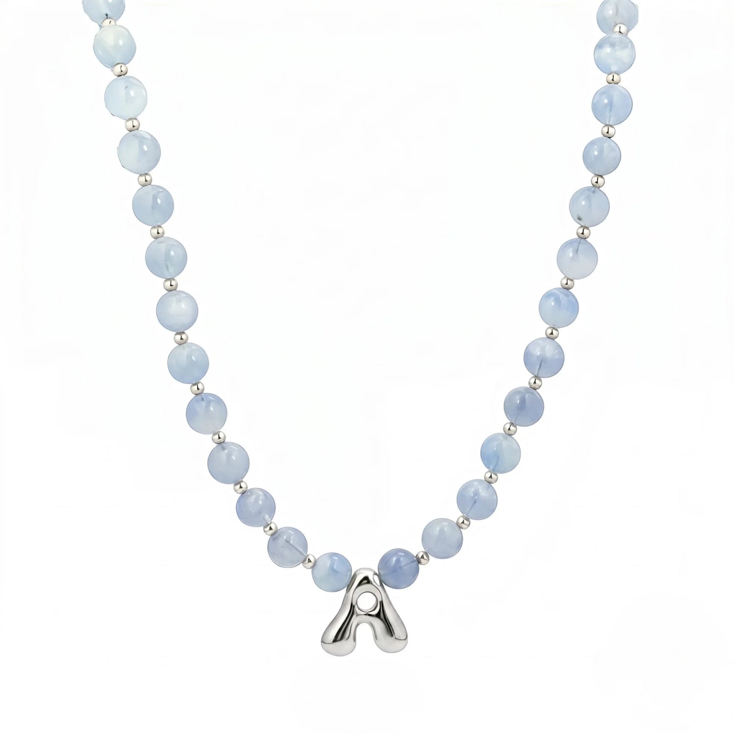 Aquamarine Silver Bubble Initial Necklace with natural aquamarine beads, sterling silver accents and personalised silver initial charm – MXW Jewellery