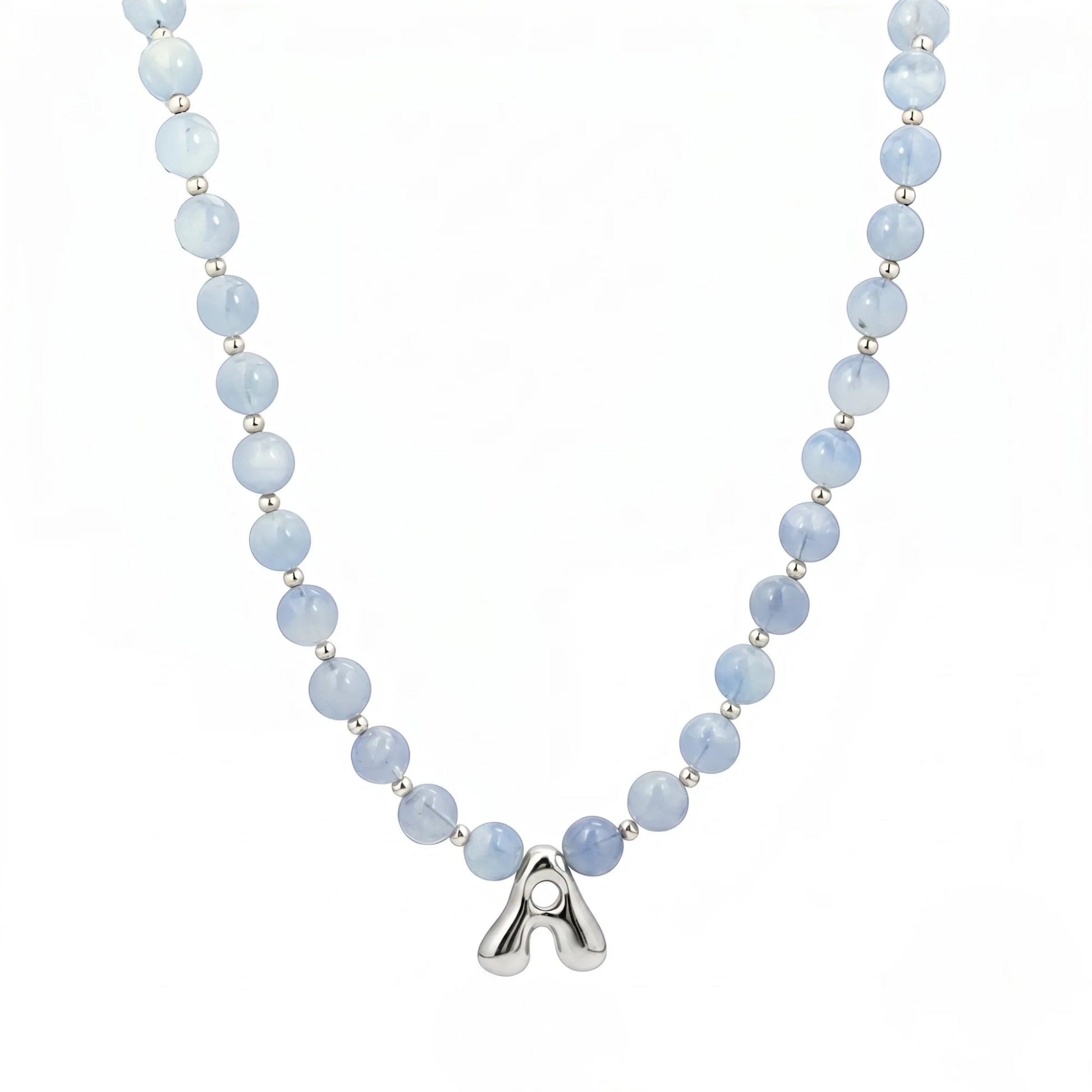 Aquamarine Silver Bubble Initial Necklace with natural aquamarine beads, sterling silver accents and personalised silver initial charm – MXW Jewellery