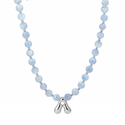 Aquamarine Silver Bubble Initial Necklace with natural aquamarine beads, sterling silver accents and personalised silver initial charm – MXW Jewellery