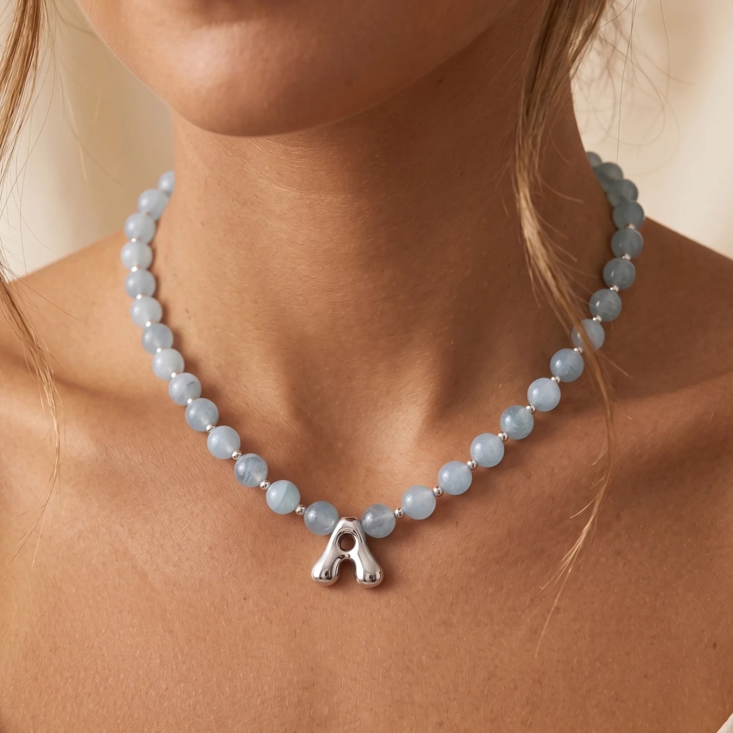 Aquamarine Silver Bubble Initial Necklace with natural aquamarine beads, sterling silver accents and personalised silver initial charm – MXW Jewellery