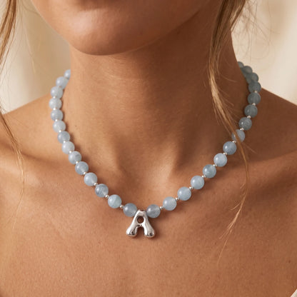 Aquamarine Silver Bubble Initial Necklace with natural aquamarine beads, sterling silver accents and personalised silver initial charm – MXW Jewellery