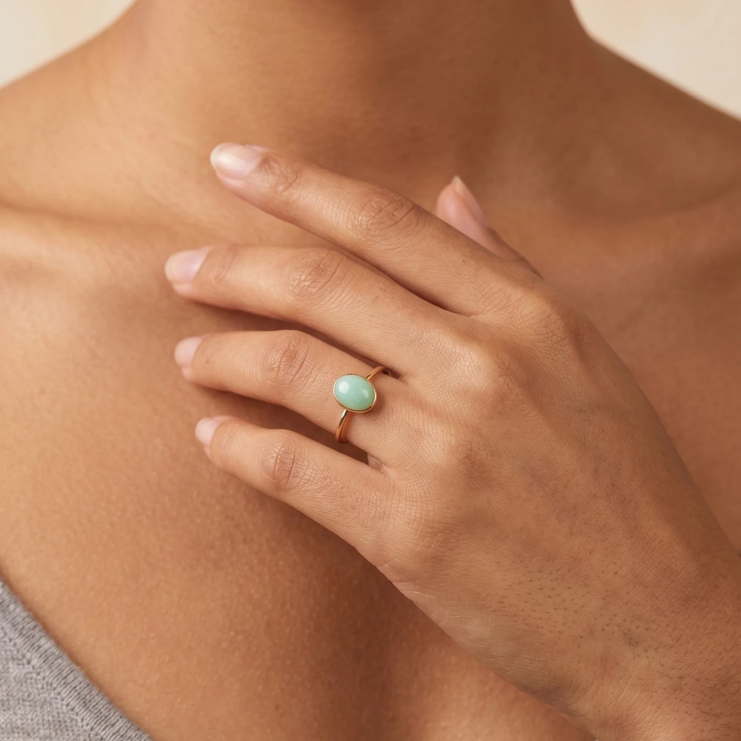 MXW natural oval chrysoprase August birthstone stacking ring in 14K gold-filled metal