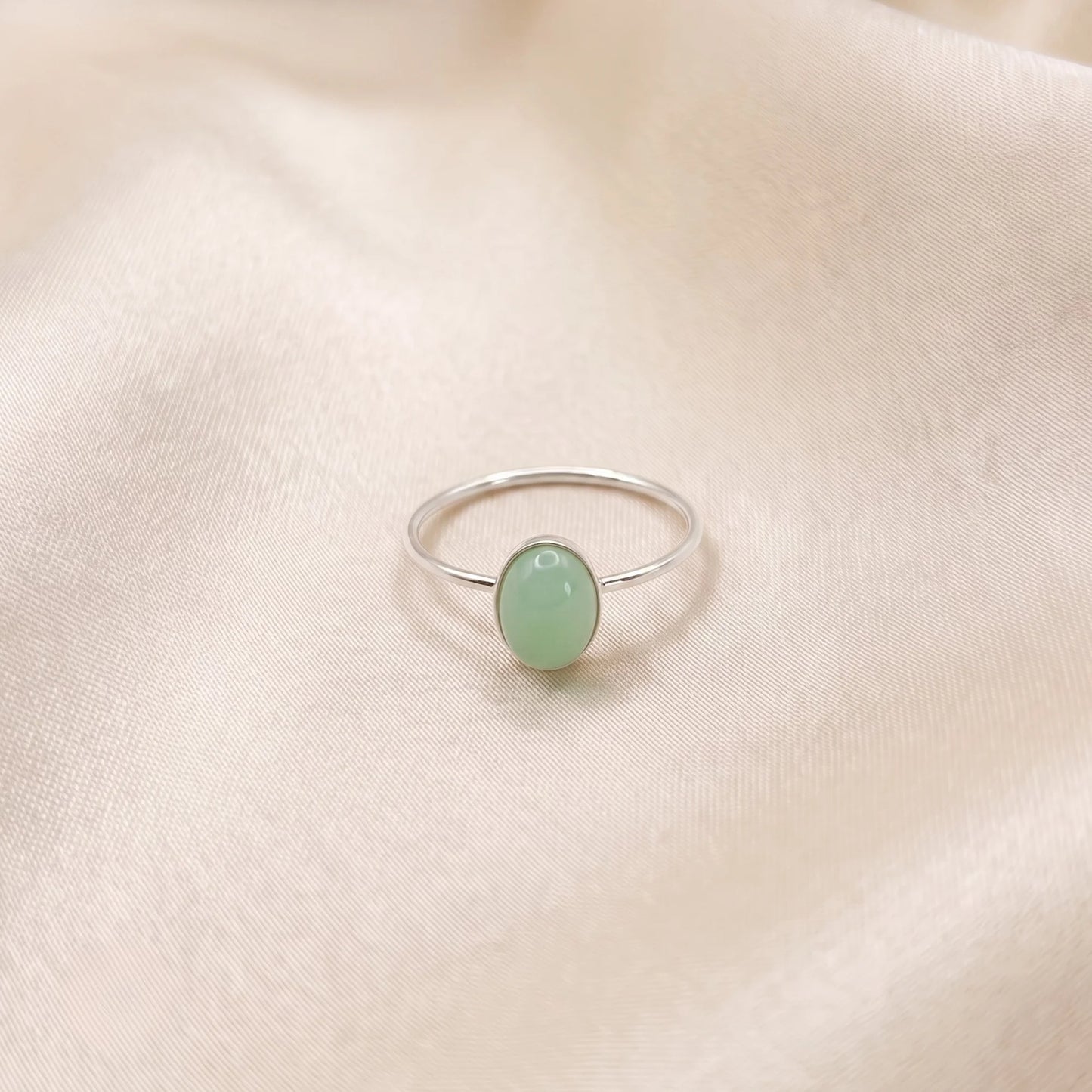 MXW natural oval chrysoprase August birthstone stacking ring in 925 sterling silver metal